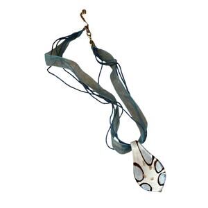 Blown Glass Hippie Boho Blue, White, Brown Mid Century Mod Style Ribbon Necklace
